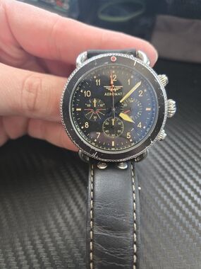 AEROMAT Pilot Mens Watch Vol De Nuit Leather Band VK63 Movement